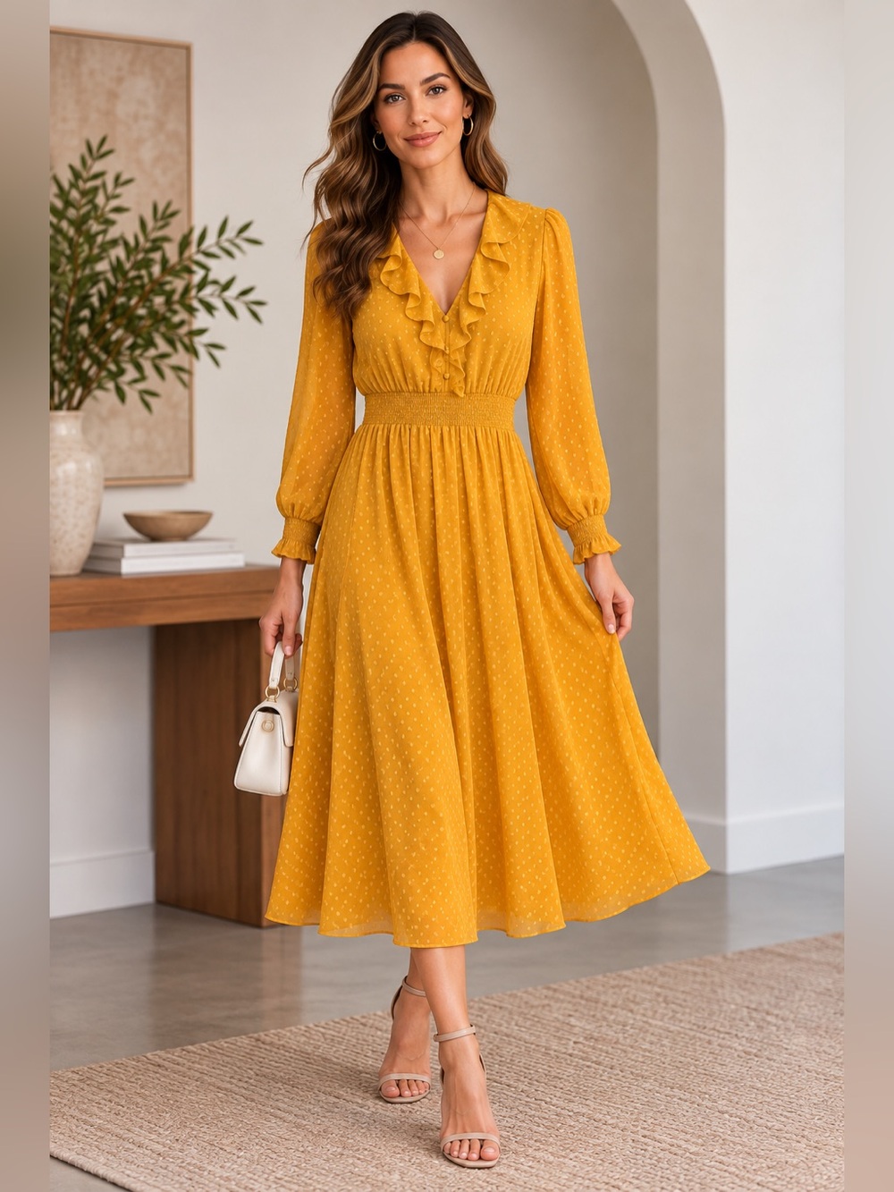 Nanette Lepore Mustard Swiss Dot Ruffle Smocked Midi Dress Size 12